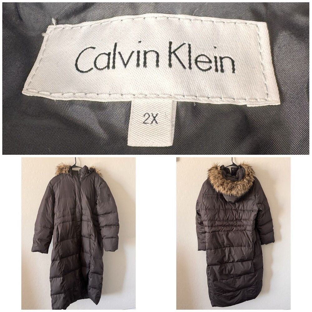 Calvin Klein 2X Duck Down Puffer Hooded Long Coat Brown Full Zip Snap Winter